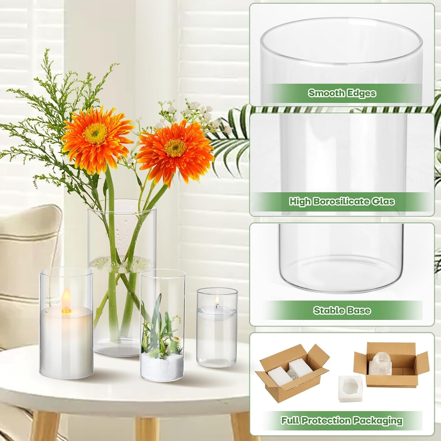 12pcs Clear Glass Cylinder Vases, 4, 6, 7.5, 10 Inch Tall Cylinder Vases for Centerpieces,Glass Flower Vase Hurricane Floating Candle Holder Vase for Table Shelf, Wedding, Party,Home & Office Decor