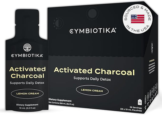 CYMBIOTIKA Activated Charcoal Liquid Supplement Packets from Coconuts for Bloating, Gut Health & Digestive Support, Helps Detox, Vitamin E, Lemon Cream Flavor, Vegan, 26 Pack