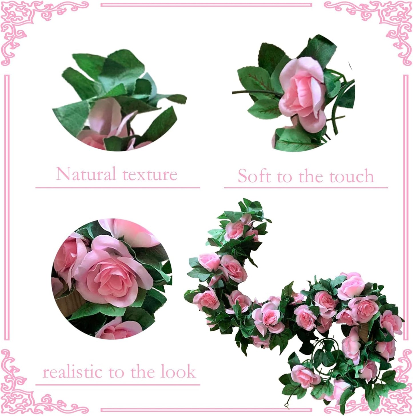 4 Pack Artificial Rose Vine Garland Fake Roses Flowers Plants Vines Hanging Floral Leaves Decoration for Wedding Party Table Garden Arch Wall Home Room Decor(Pink)