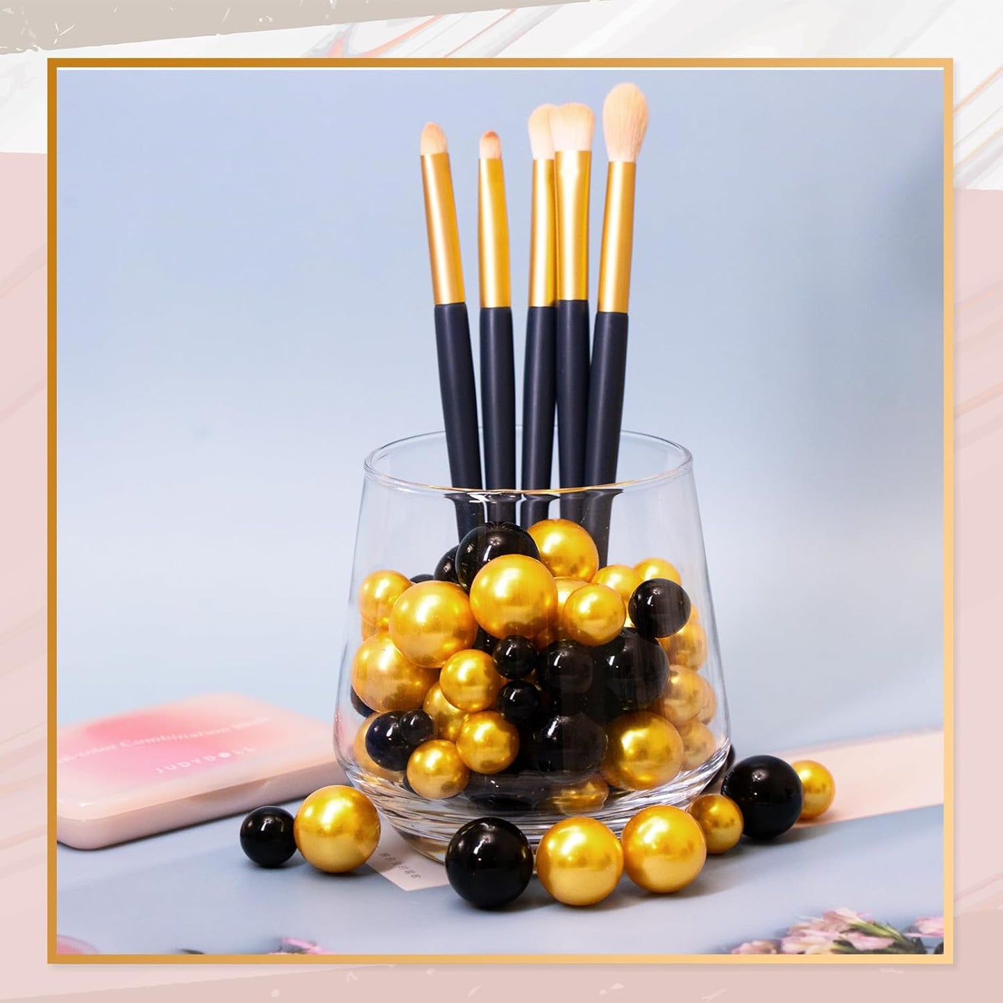 300Pcs Vase Filler Black and Golden Yellow No Hole Faux Pearl Beads for Vase Filling Decorations, Candle Centerpieces, Wedding Centerpieces, Home Party Decor (8/14/20mm)