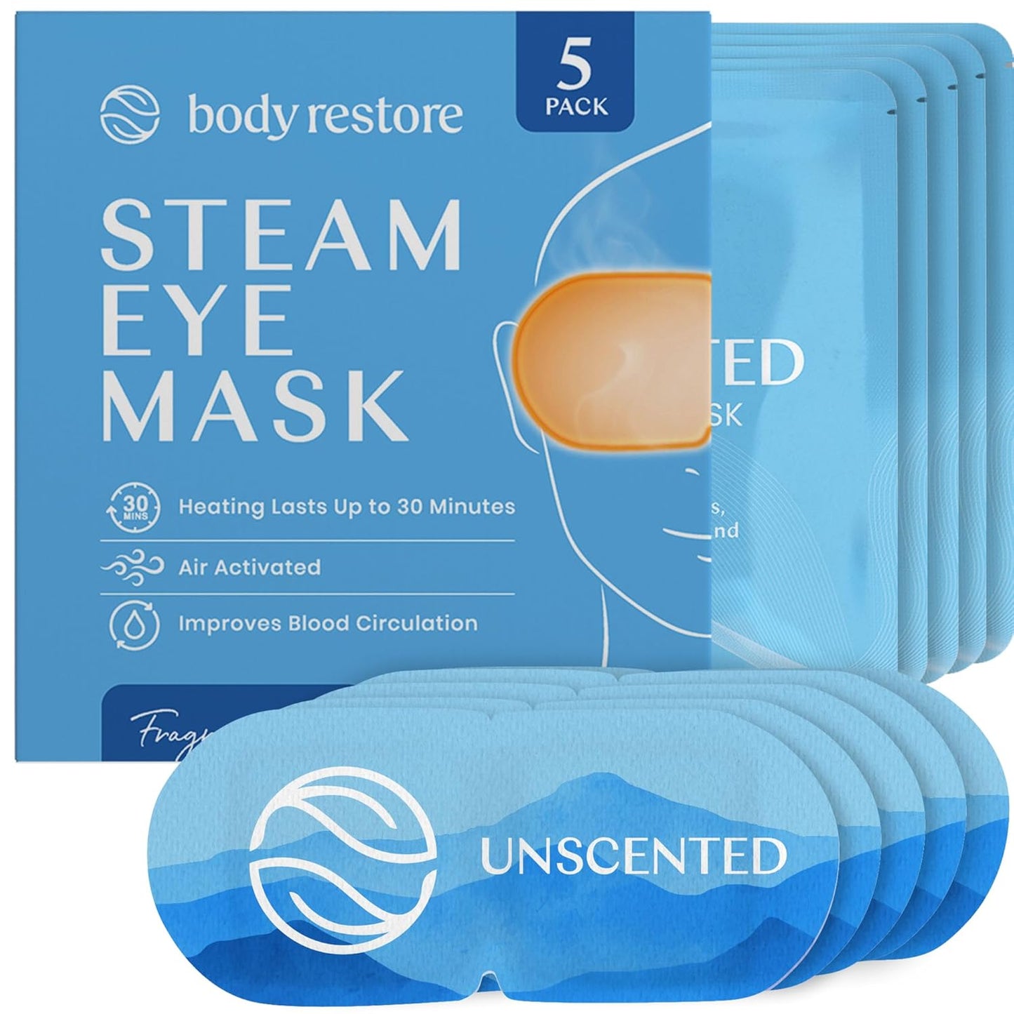 Body Restore Heated Eye Mask for Dry Eyes 5 Pack - Self Heating Warm Compress, Christmas Stocking Stuffers, White Elephant, Birthday Gifts for Women, Men, Stye Eye Treatment, Relaxation - Unscented