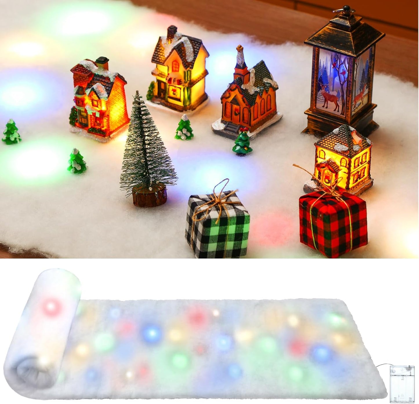 Jetec LED Christmas Fake Snow Blanket with Lights Artificial Snow Blanket with 2 Pcs LED Lights Lighted Snowflake Table Runner for Christmas Tree Village Display Winter Party Decor(15.75''x 59.06'')
