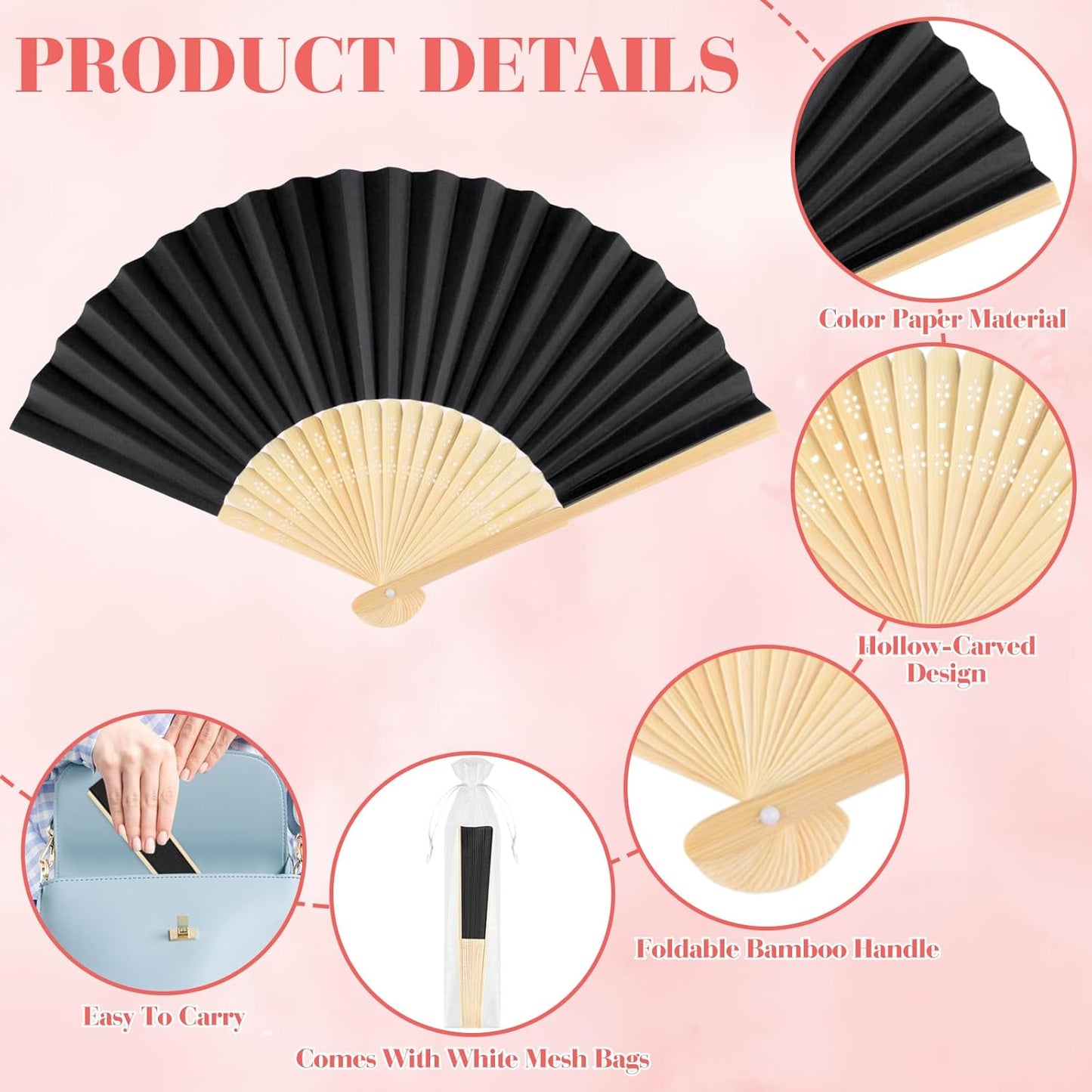 24 Pieces Black Hand Held Bamboo Folding Fans Paper Fans Handheld for Women Foldable Girls Wedding Decoration Church Home Party Favors Summer