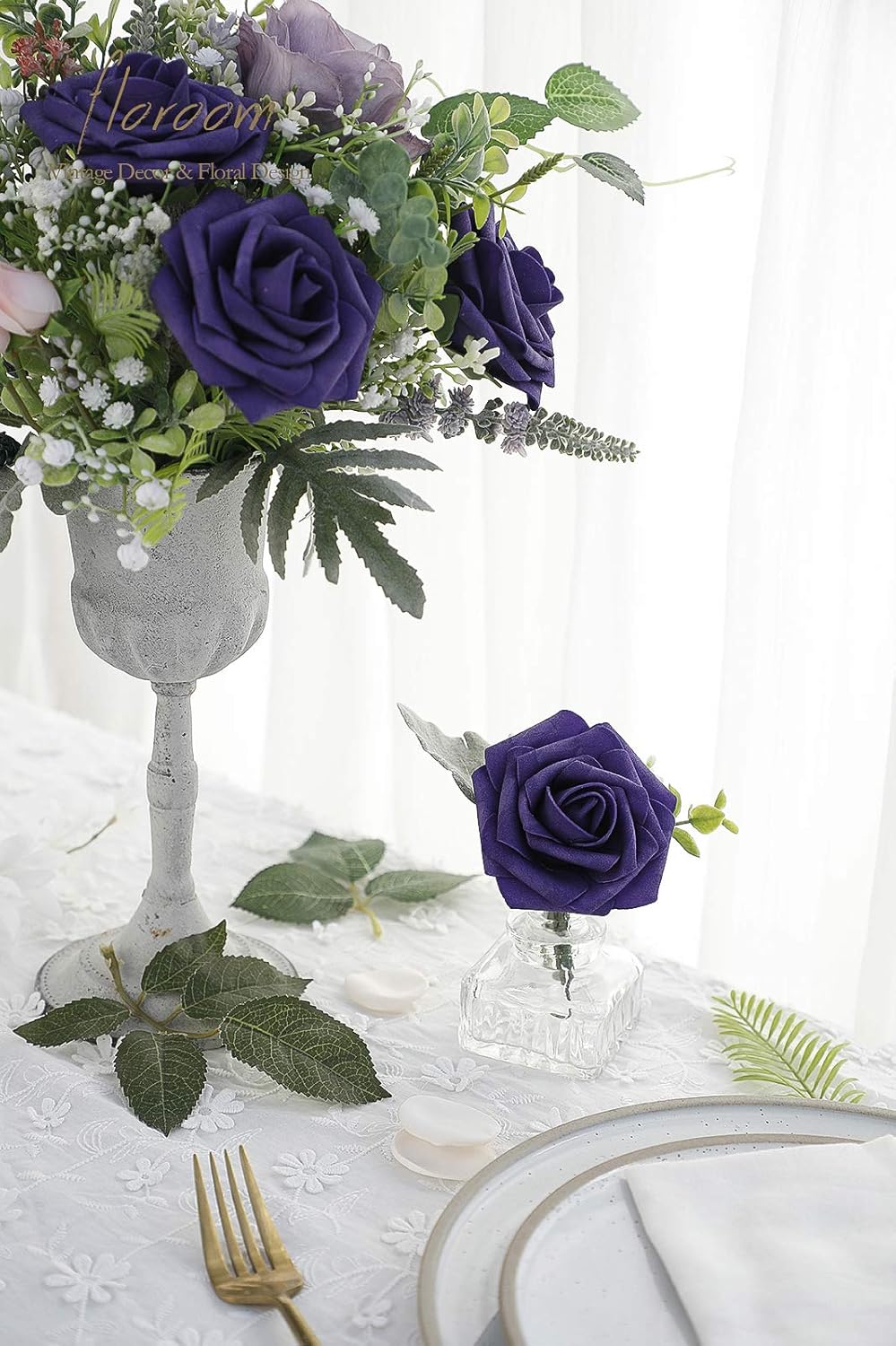 Floroom Artificial Flowers 25pcs Real Looking Violet Purple Foam Fake Roses with Stems for DIY Wedding Bouquets Bridal Shower Centerpieces Floral Arrangements Party Tables Home Decorations