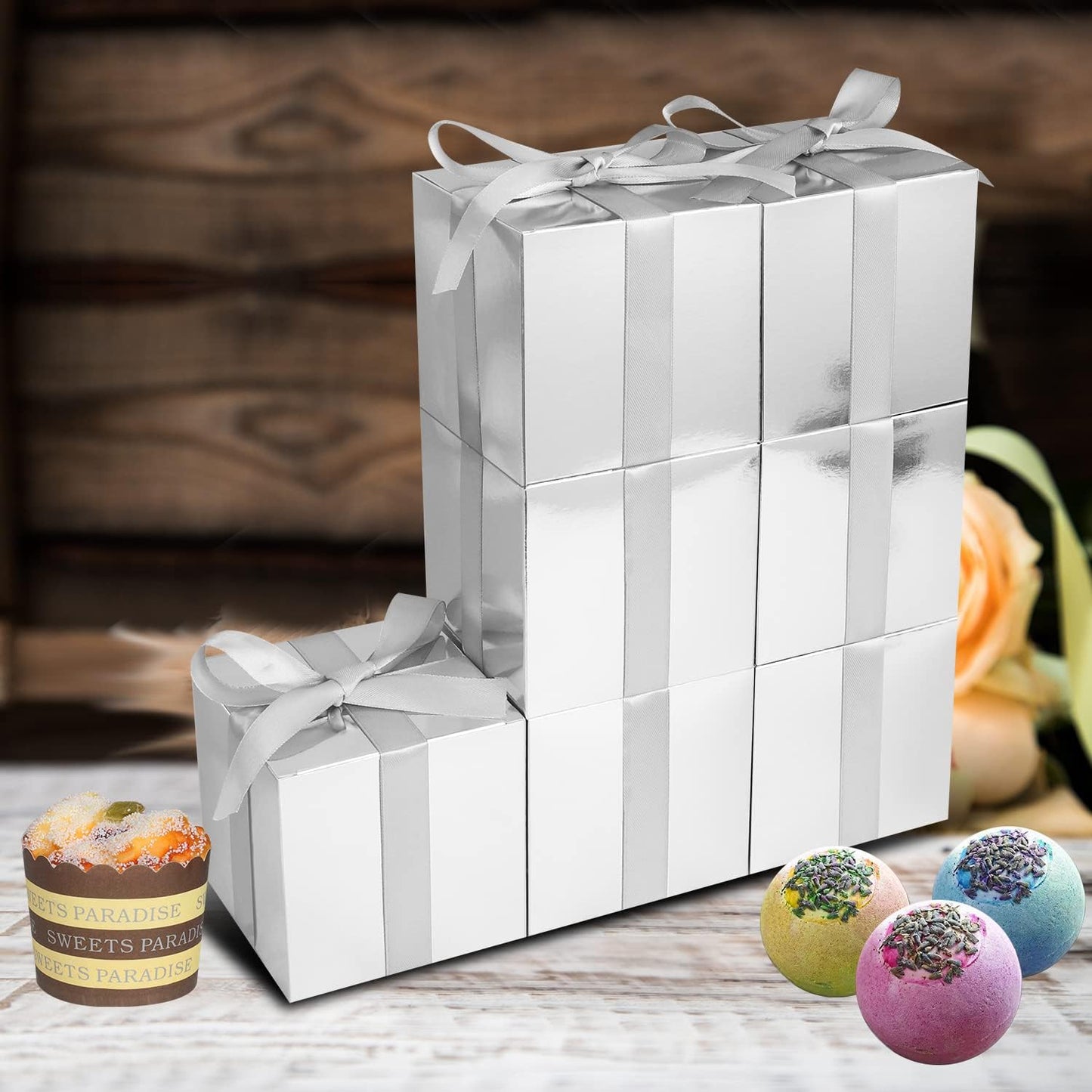 50 Pack Small Gift Boxes, 3x3x3 Favor Boxes Silver Paper Gift Boxes with Lids for Presents, Crafting, Cupcake Boxes, Gifts, Candy Boxes for Wedding Party Bridal Shower Baby Shower Favors