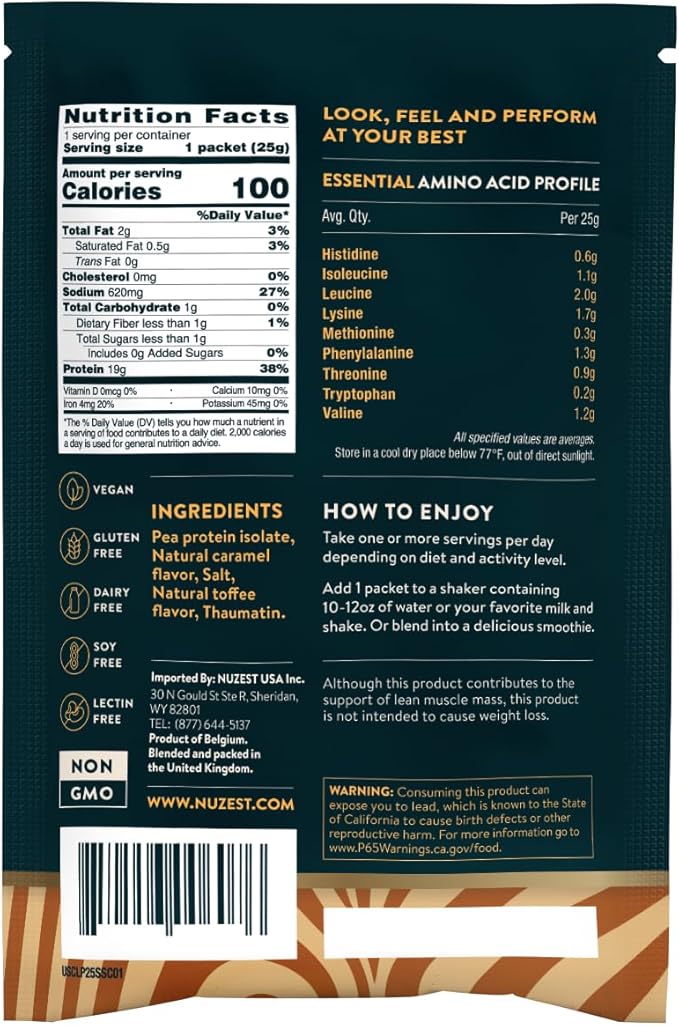 Nuzest - Pea Protein Powder - Clean Lean Protein, Premium Vegan Plant Based Protein Powder, Dairy Free, Gluten Free, GMO Free, Naturally Sweetened Protein Shake, Salted Caramel, 1 Serving, 0.9 oz