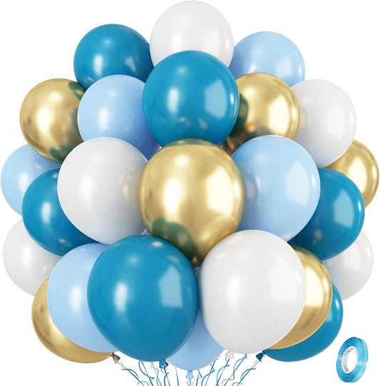 Teal Blue Gold Balloons, 12 Inch Retro Turquoise Aqua Blue Pastel Blue Metallic Gold White Latex Balloons, Teal Balloons Set for Boys Christening Birthday Baby Bridal Shower Wedding Party Decorations