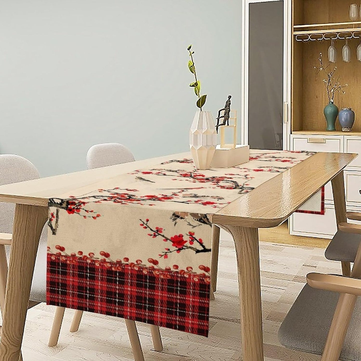 Bird Table Runner,Red Black Buffalo Plaid Blossom Seasonal Table Runner for Kitchen Dining Table Decoration Home Party Decor 13x60 Inch