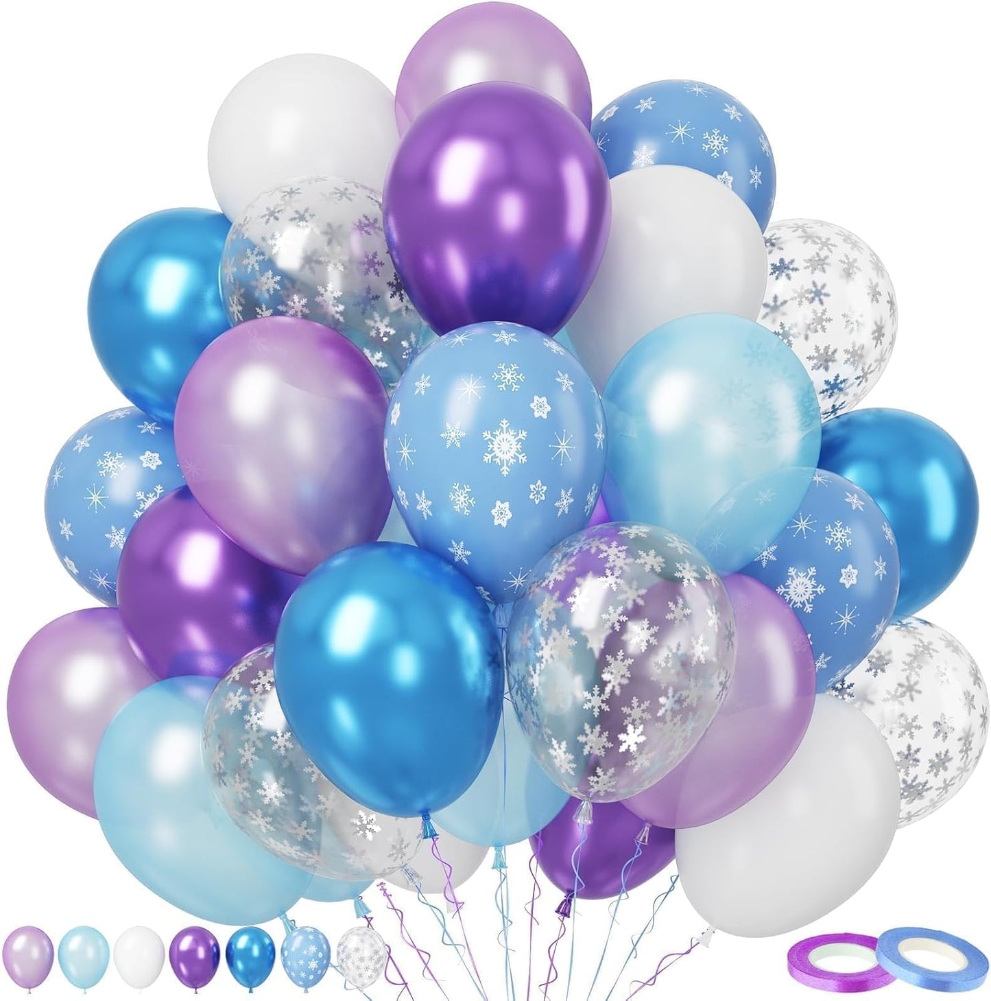 Paready Frozen Balloons Set, 50Pcs Purple Blue Snow Print, 12 Inch Metallic Pearl Light Purple Blue White for Winter Theme Frozen Birthday Party Decorations