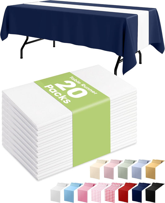 Pureegg White Plastic Table Runners - 20 Pack, 14'' x 108'', Water Resistant & Disposable Centerpiece Decorations for Table Cloth, Wedding, Birthday, Holiday, Baby Shower, Party, Home Decor