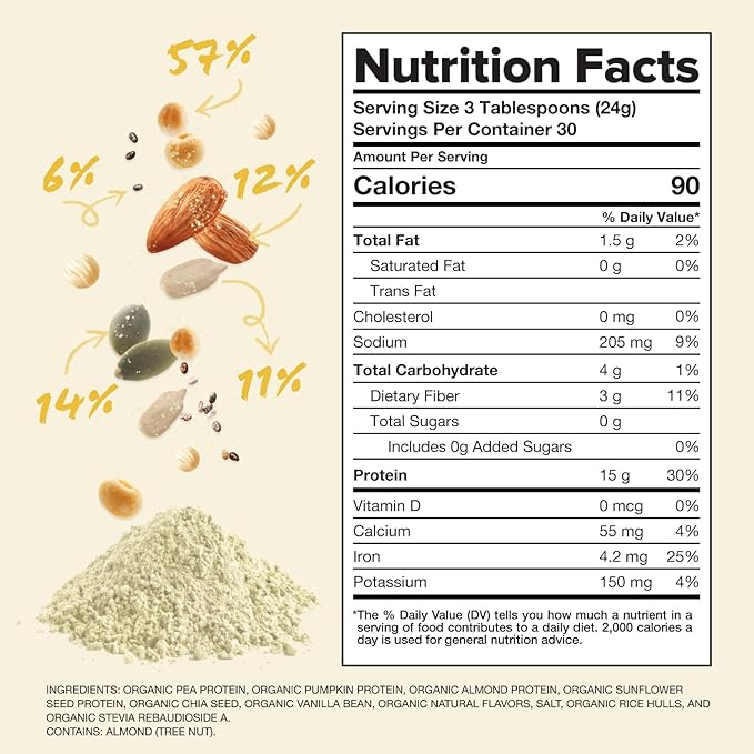 Complement Organic Vanilla Vegan Protein Powder (30 Servings) Low Carb, Low Calorie, Sugar Free, Soy Free, Non-GMO, Gluten Free, Non Dairy- Yellow Pea, Pumpkin Seed- 15g Plant Based Protein Powder