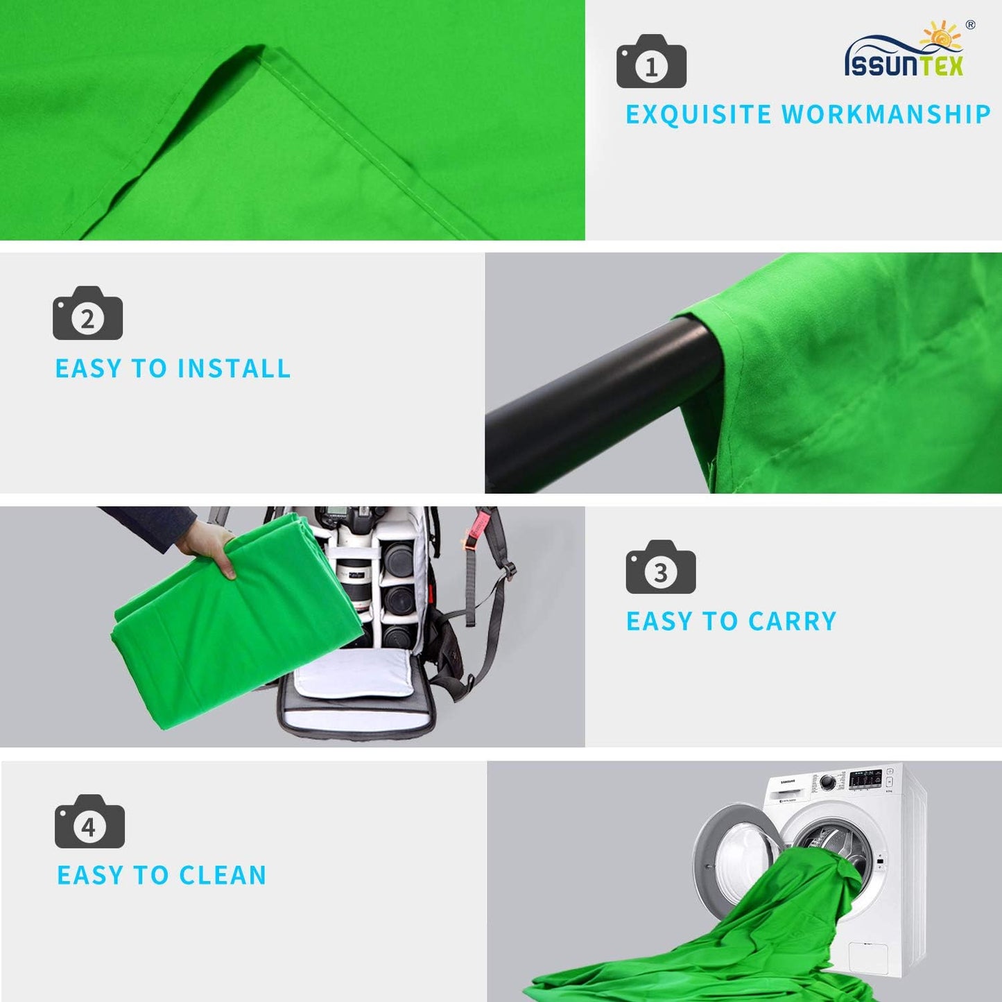 ISSUNTEX 5X7 ft Background Muslin Backdrop, Photo Studio, Collapsible High Density Screen for Video Photography and Television-Green