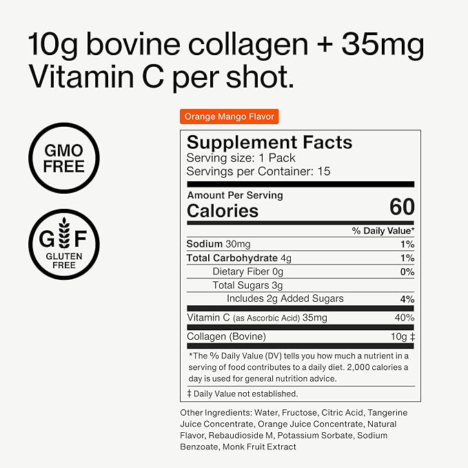 Momentous Collagen Shot Supplement - Hydrolyzed Bovine Collagen & Vitamin C to Help Support Joint, Bone, & Connective Tissue Health - NSF Certified for Sport - Mango Orange - 25g/Serving - 15 Servings