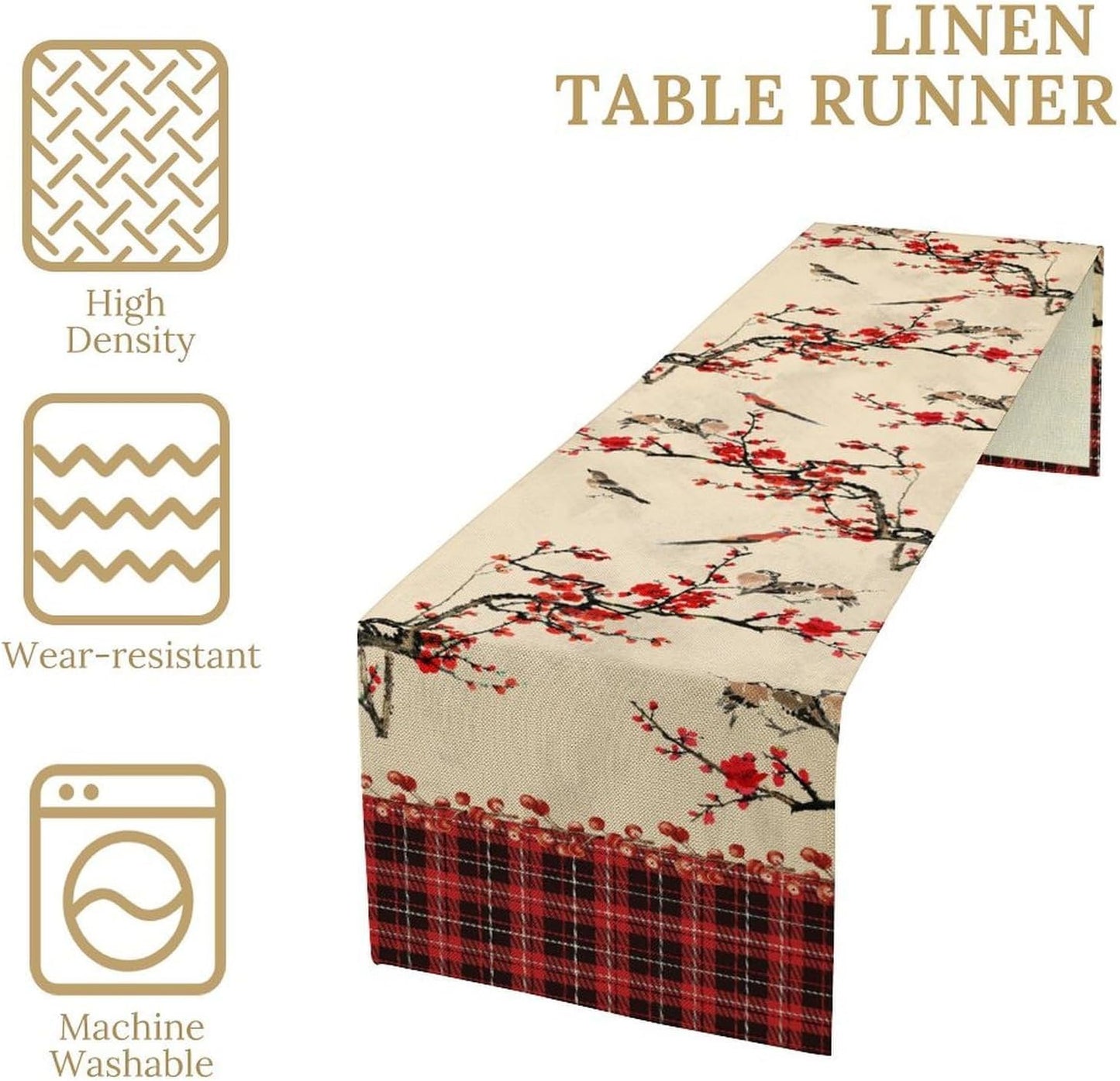 Bird Table Runner,Red Black Buffalo Plaid Blossom Seasonal Table Runner for Kitchen Dining Table Decoration Home Party Decor 13x120 Inch
