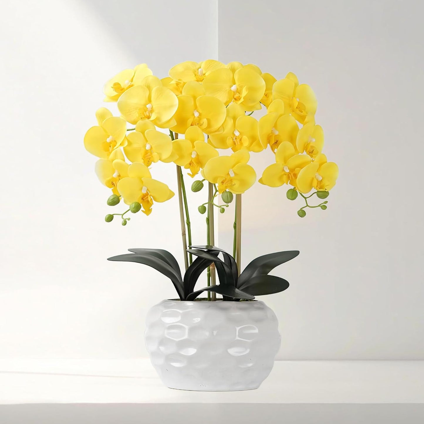 Orchid Artificial Flowers with White Vase Large Silk Faux Phalaenopsis Flowers for Dining Room Table Floral Centerpieces Indoor Decoration,Yellow