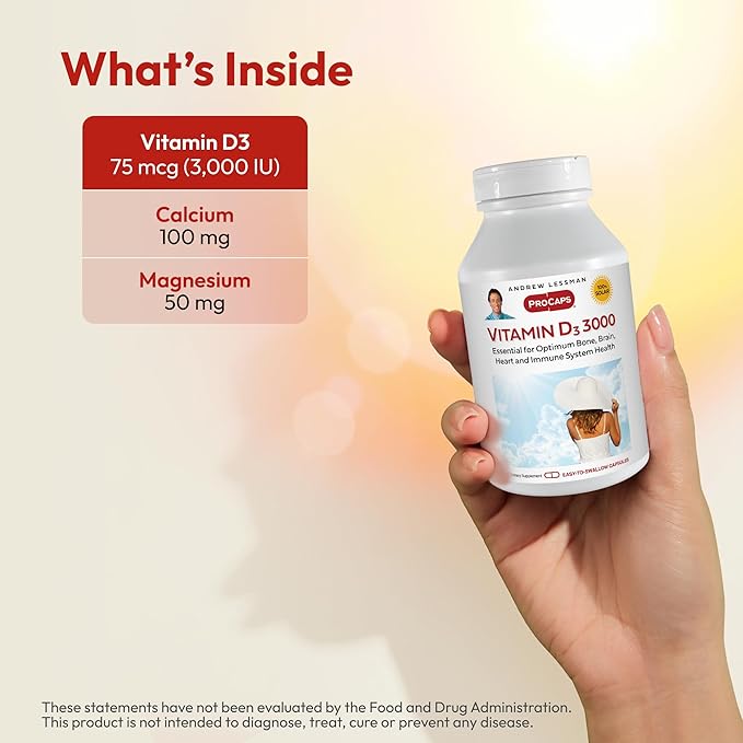 ANDREW LESSMAN Vitamin D3 3000 IU 720 Capsules - High Potency, Essential for Calcium Absorption, Supports Bone Health, Healthy Muscle Function, Immune System, More. Small Easy to Swallow Capsules