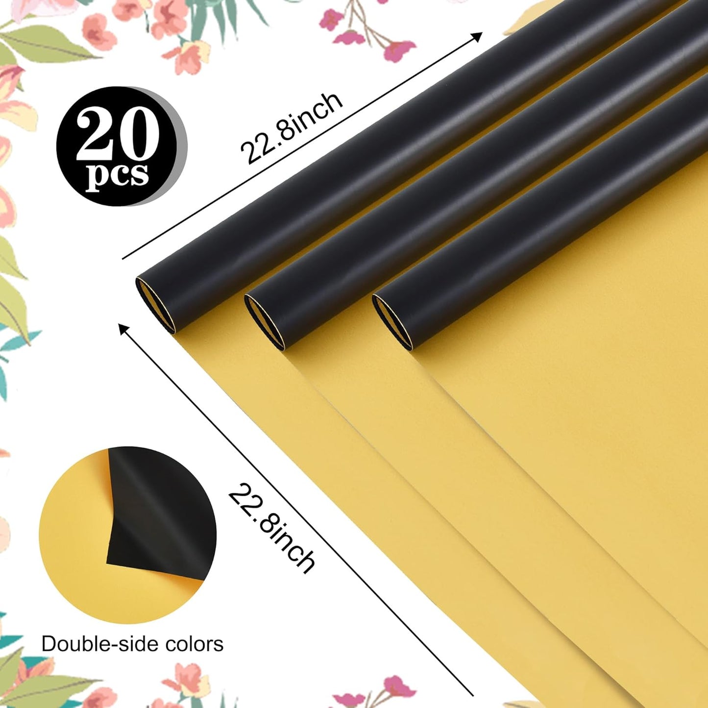 BEISHIDA 20Pcs Black and Gold Double Sided Floral Wrapping Paper Matte Waterproof Flower Bouquet Wrapping Paper for Floral Wrap Florist Packing Supplies Birthday Valentine's Christmas Gift Wrapping