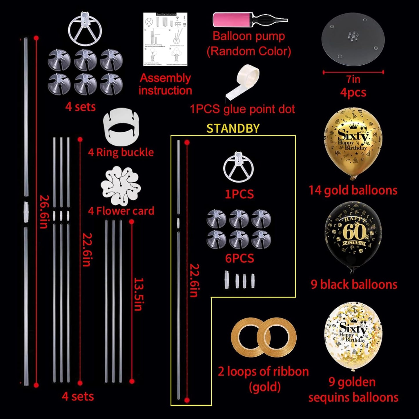 TONIFUL 4 Set Black Gold Balloon Stand Kit for Birthday Decorations for 60th,Balloon Centerpieces for Table Party Decorations Cheers to 60 Years Old Birthday for Men and Women