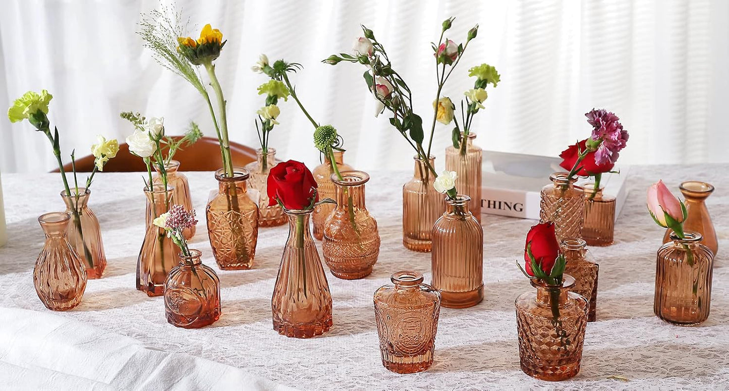 Amber Glass Bud Vases -Set of 20 for Flowers, Small Amber Bud Vases in Bulk for Centerpieces Decor, Mini Glass Set for Home Table Decorations