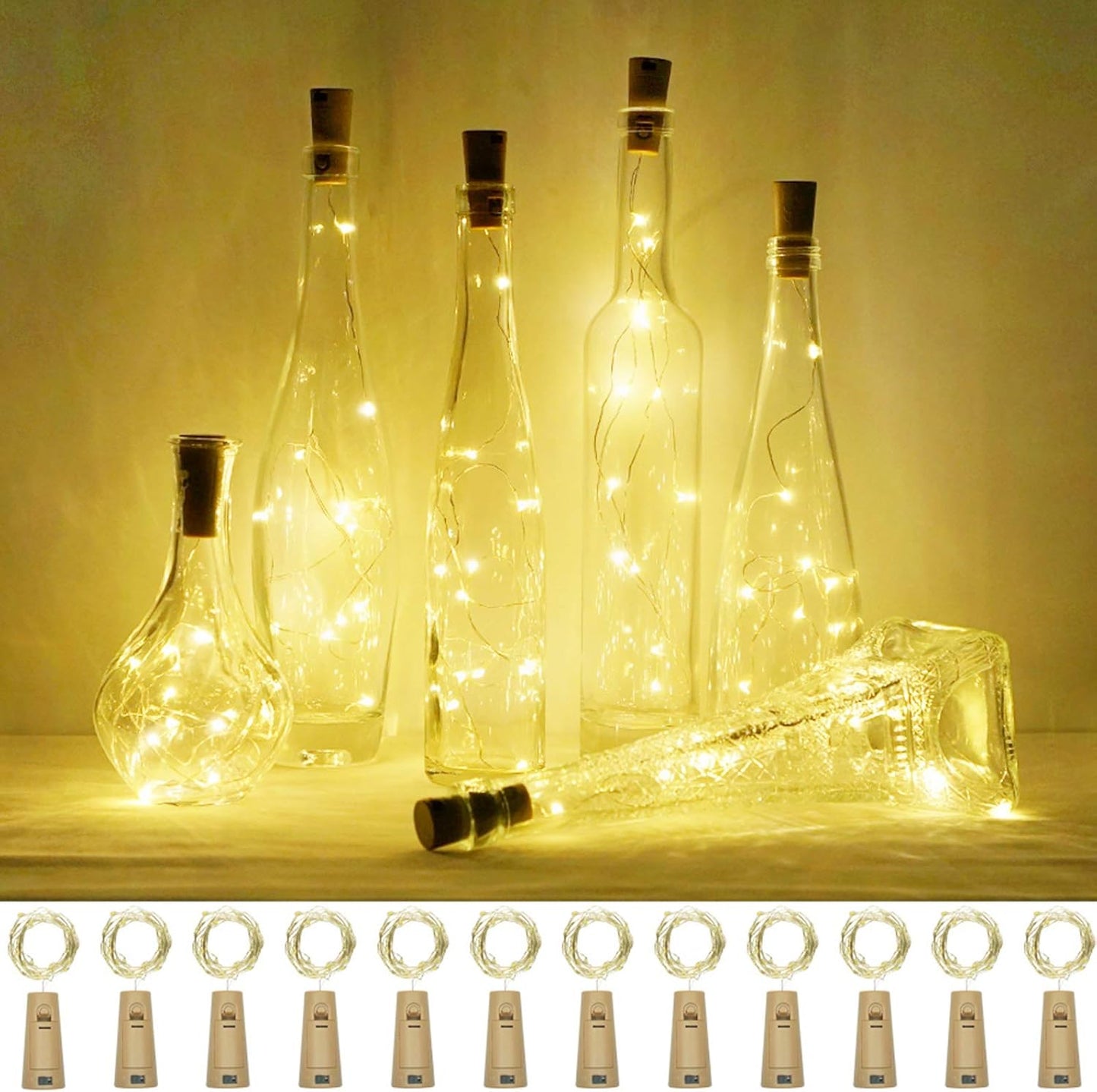 Wine Bottle Lights with Cork, 12 Pack Battery Operated 12 LED Cork Shape Silver Wire Colorful Fairy Mini String Lights for DIY, Party, Christmas, Halloween,Wedding Decor (Warm White)