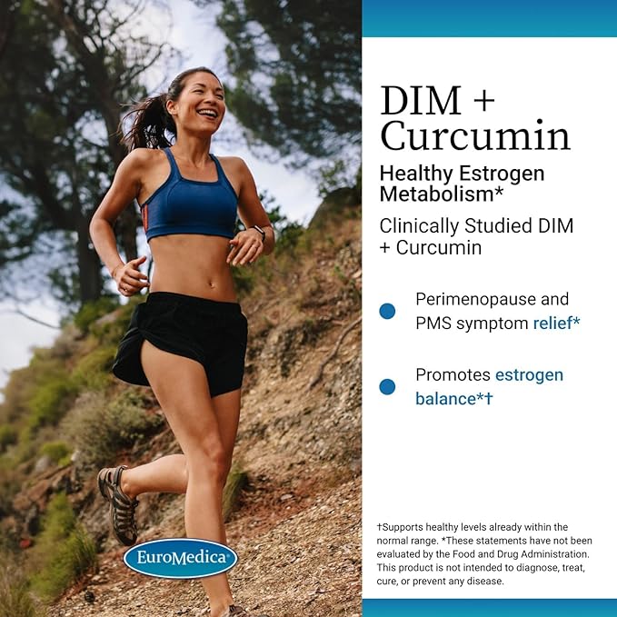 EuroMedica DIM + Curcumin - Estrogen Balance Support Supplement - Dietary Supplement with Curcumin & Grape Seed Extract - Turmeric Essential Oil for Healthy Metabolism Support - 30 Capsules