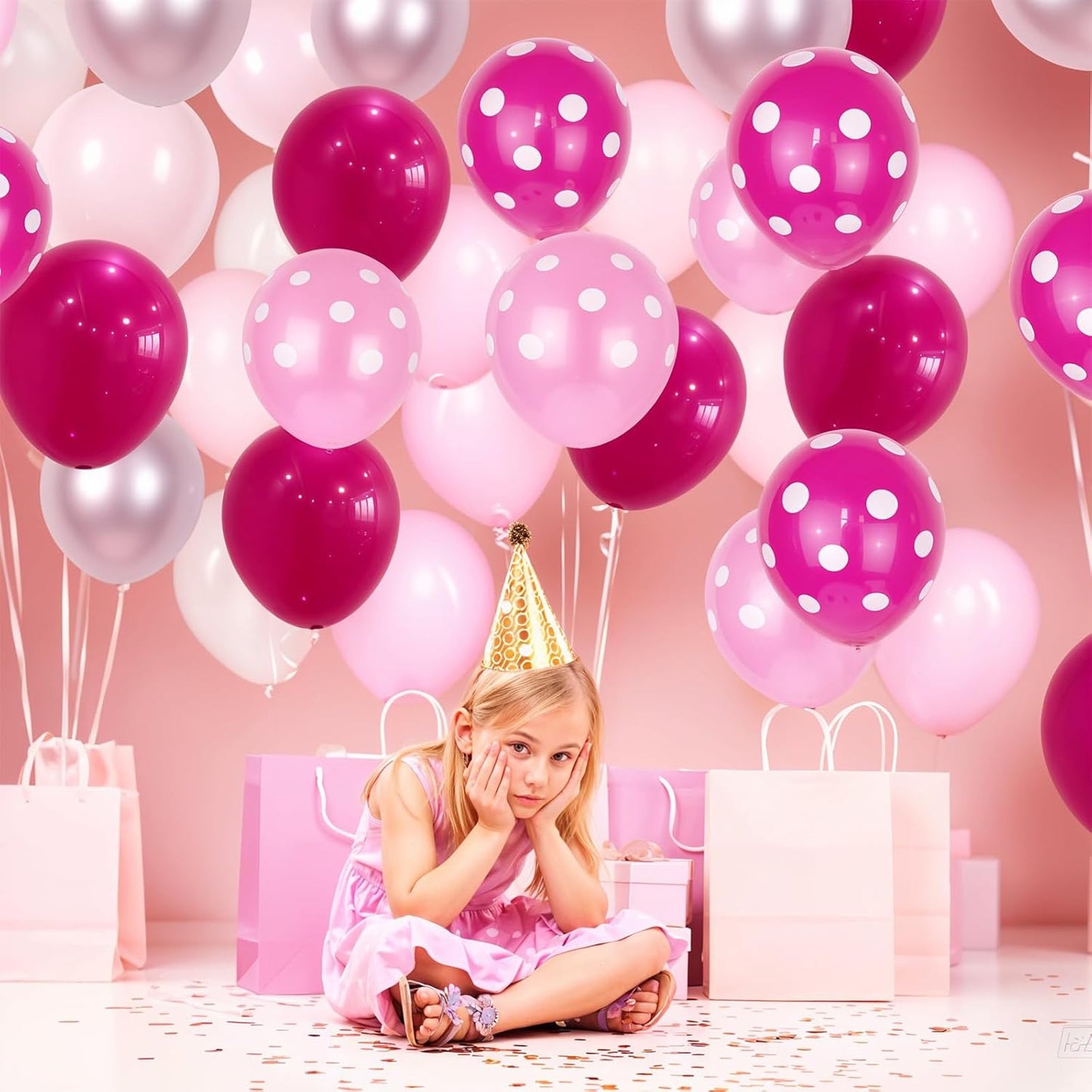 Pink Balloons, 52 PCS Metallic Pink Balloon with Hot Pink and White Dots Confetti Birthday Balloons for Girls Princess, Baby Shower Women Bride Wedding Party Decorations