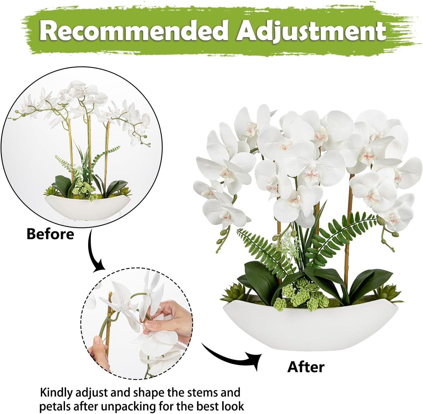 Briful Orchid Artificial Flowers 18in White Fake Orchid Silk Flowers with Ceramic Pot Faux Orchid Arrangement for Home Office Room Coffee Table Centerpiece Modern Decoration