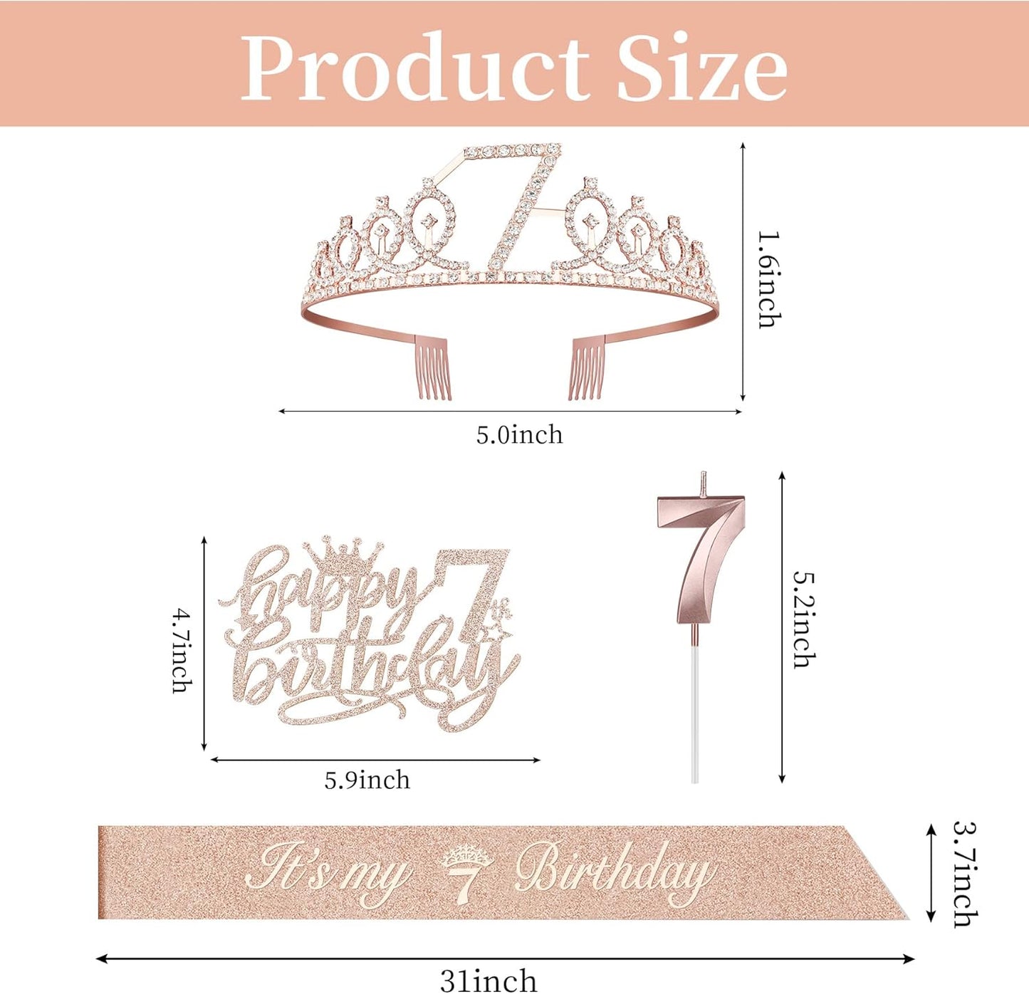 7th Birthday Decorations for Girl with Sash and Tiara, Numeral Candle and Cake Topper, 7 Year Old Birhtday Girls Rose Gold Party Favor Supplies