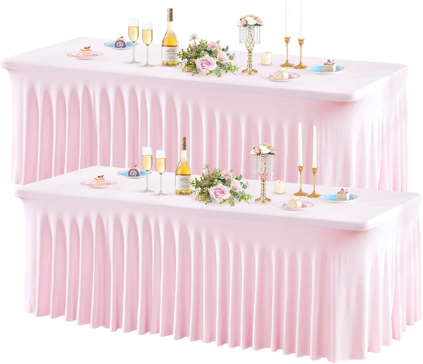 Wish Care 2 Pack Pink Spandex Table Clothes for 8 Foot Rectangle Tables, 8FT Wrinkle Free Fitted Tablecloths Ruffles Design Table Cover for Party, Banquet, Wedding and Events