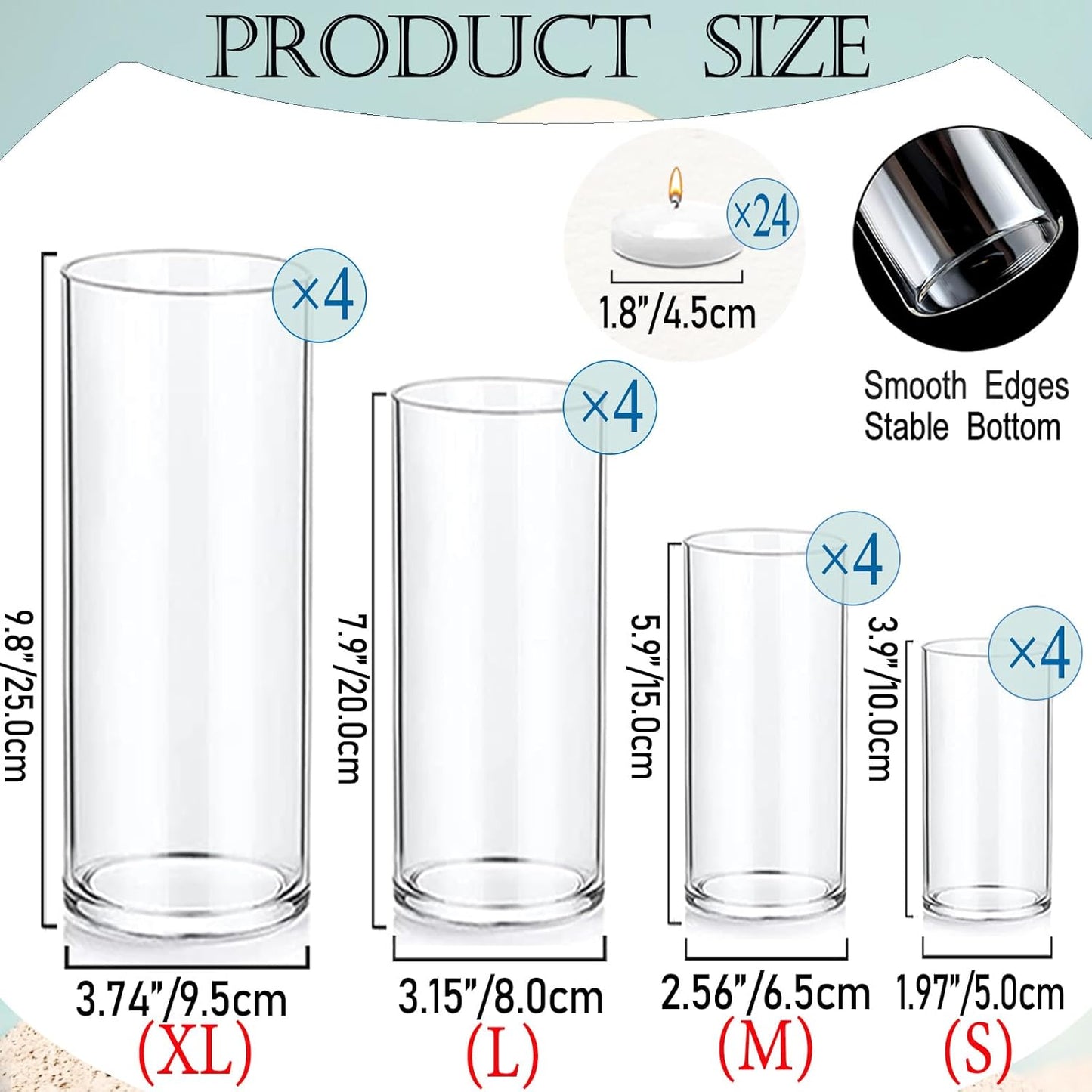 Set of 16 Pcs Glass Cylinder Vases for Centerpieces with 24 Pcs White Floating Candles for Centerpieces Glass Candle Holder for Table Shelf Wedding Party Home Decor (4"+6"+8"+10")