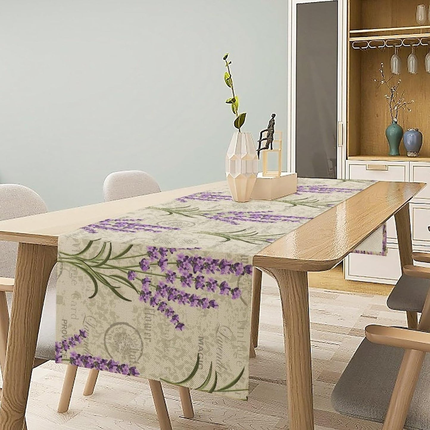 Floral Lavender Table Runner,Vintage Rustic Country Romantic Purple Flower Pattern Print Burlap for Hotel Indoors Outdoor Dining Room Kitchen Home Decor, 13x80in