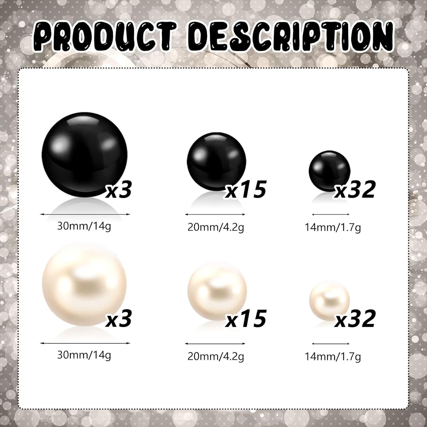 100PCS Black White Faux Pearls Beads for Centerpiece Vases, Vase Filler Faux Pearls, No Holes Filler Beads for Party Anniversary Birthday Wedding Table Decor, 14/20/30mm