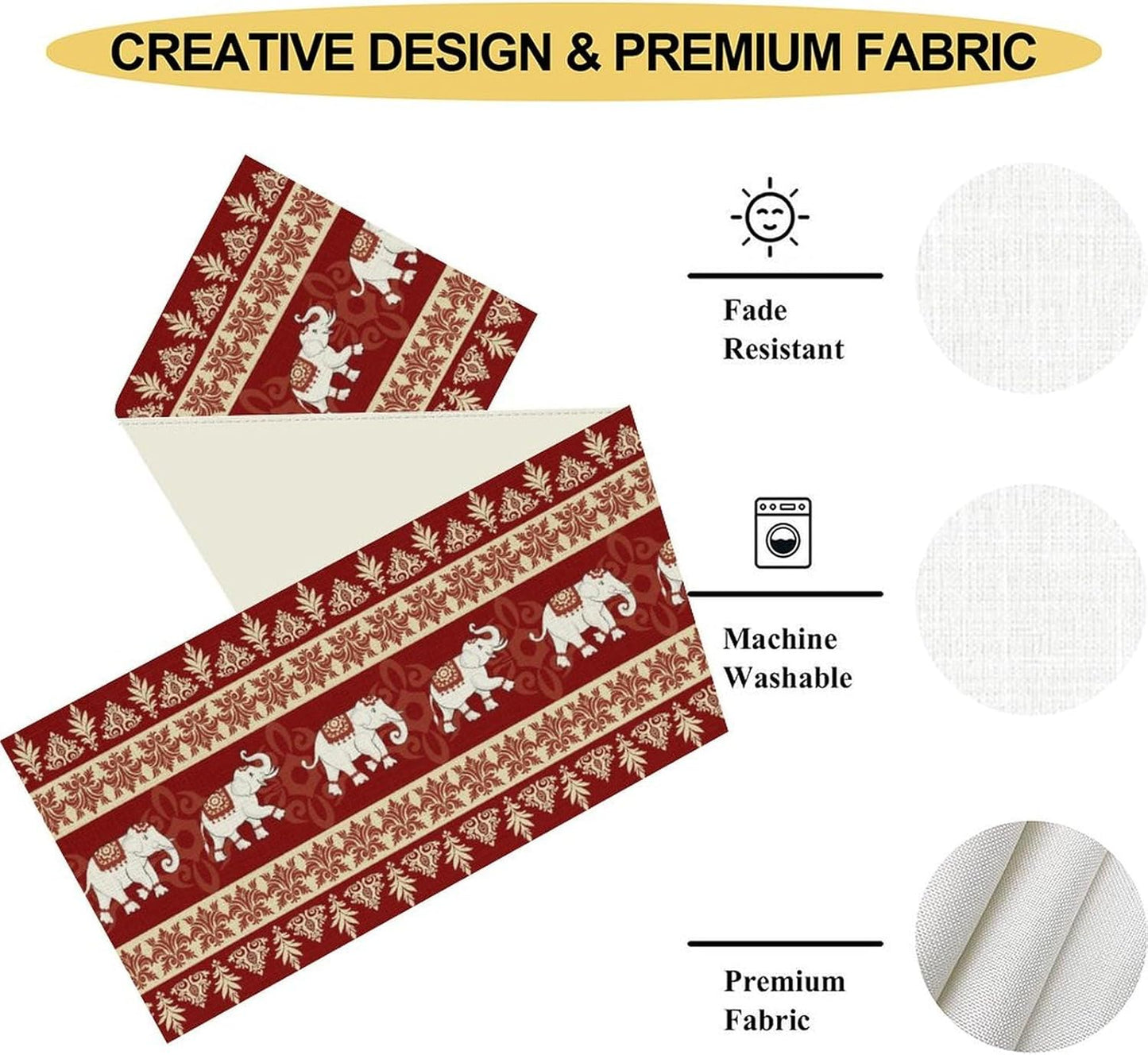 Boho Elephant Table Runner, Vintage Tribal Traditional African Animals Ethnic Folk Red Table Center Decor for Home Kitchen Dining Patio Holiday Party Indoor Outdoor Table Decorations, 13"x72" Inch