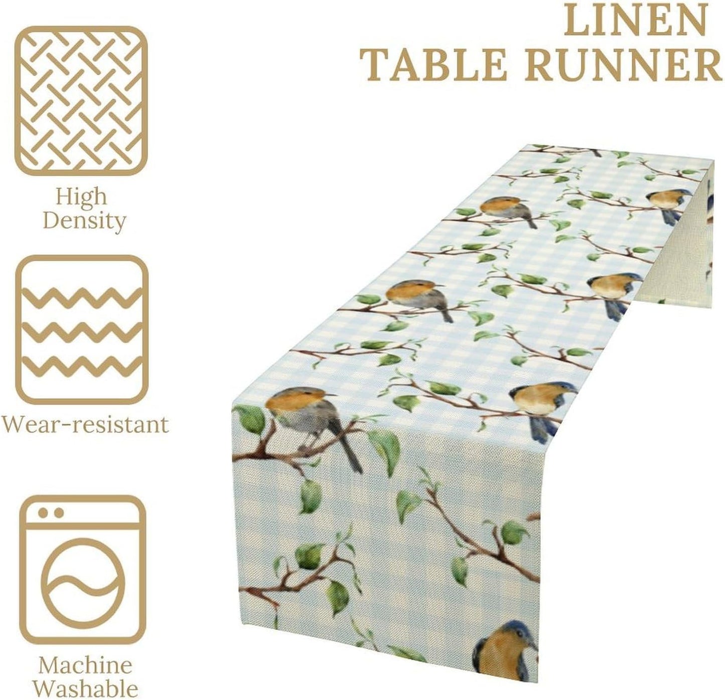 Bird Table Runner,Spring Birds Tree Blue Plaid Print Table Runner for Kitchen Dining Table Decoration Home Party Decor 13x36 Inch