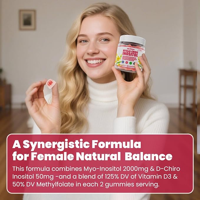 Myo-Inositol & D-Chiro Inositol Gummies with Evening Primrose Oil for Women - 40:1 Ratio Supplement Plus Vitamin D3, Methyl Folate & B12 for Hormonal Balance, Cycles & Ovarian Health, Vegan (60ct)