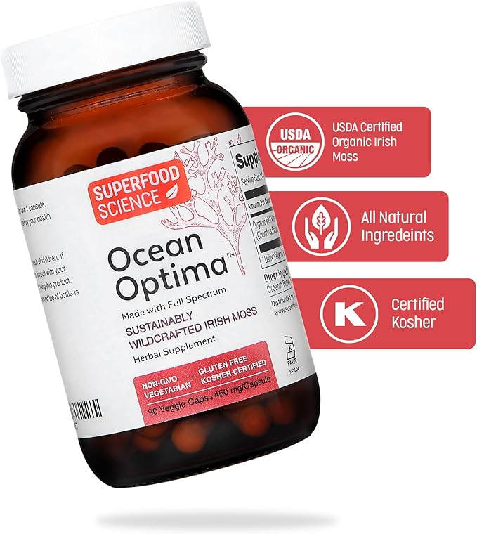 Ocean Optima Wild Irish Sea Moss Organic & Kosher, 100% Natural Sea Kelp Iodine Supplement, Minerals & Amino Acids for Thyroid, Hair Skin Nail, Digestion, Chondrus Crispus, Gym Essentials, 90 Caps