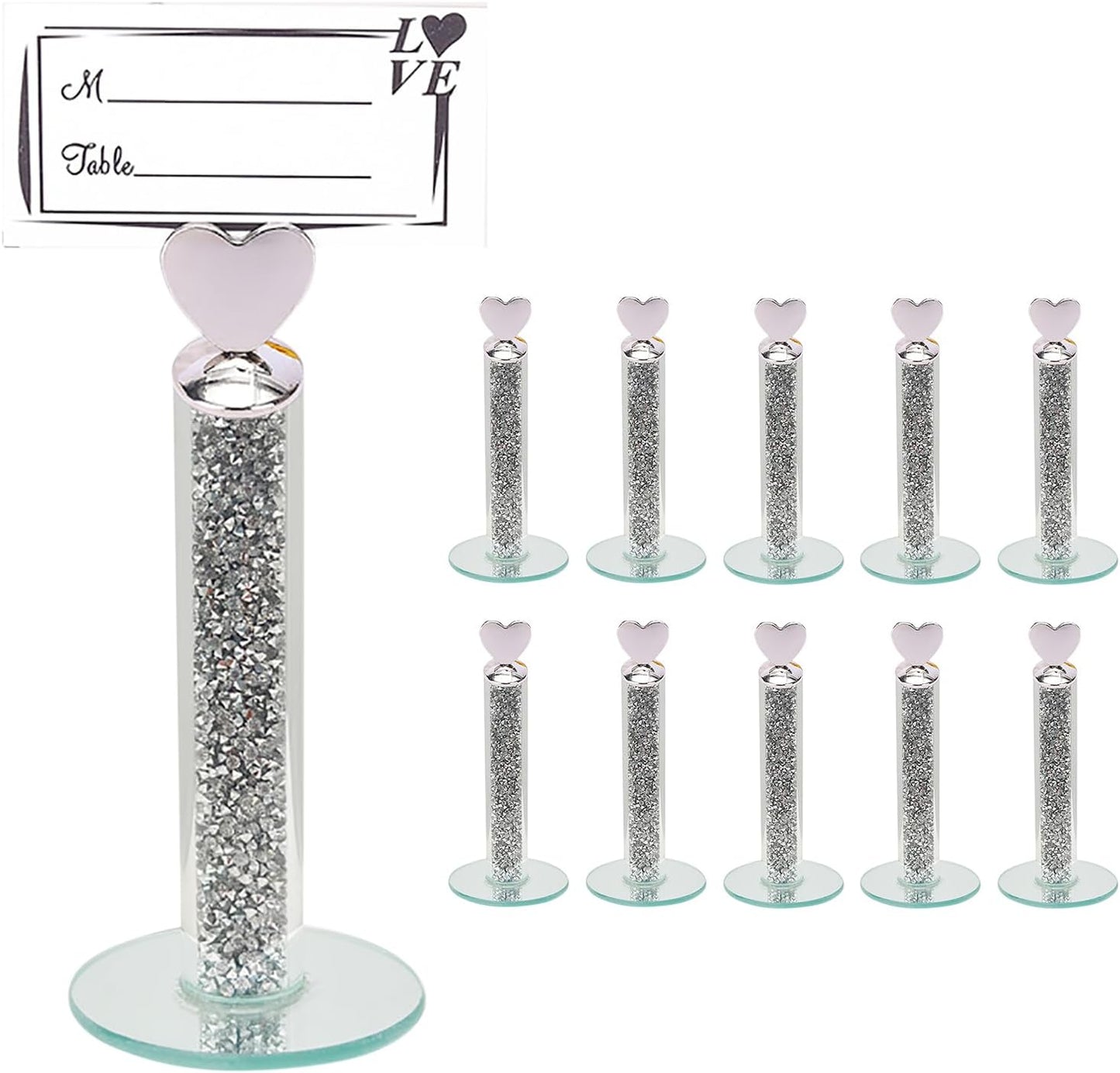 TACIDON 10Pcs Heart Table Number Holders with 10Pcs Table Numbers, Glamorous Crystal Crushed Diamond Place Card Holder, Table Card Holders for Home Wedding Dinner Party Events Decoration (Silver)