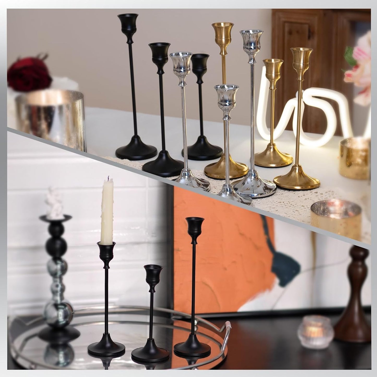 CHILL RECIPE Black Candlestick Holder Tall Taper Candle Holder for Home Decor Table Centerpiece Party Festival Decorations Halloween Decoration (2 Set 6Pcs)
