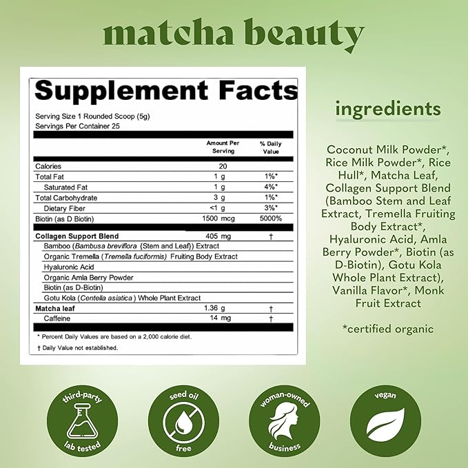 Matcha Beauty Vegan Collagen Booster Drink Blend: Plant Based Collagen Support Smoothie Drink Vegan Creamy Blend | Matcha Flavor | 1 Bag - 25 Servings per Bag