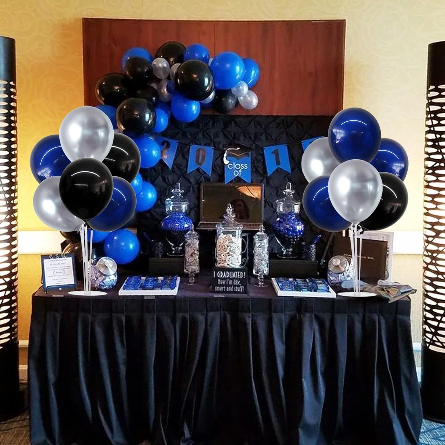 TONIFUL 4 Set Black and Blue Silver Balloon Centerpieces for Table,Balloon Stand Kit for Graduation Decorations 2025,Blue Party Decorations,Retirement,Birthday Decoration for men,Father's Day
