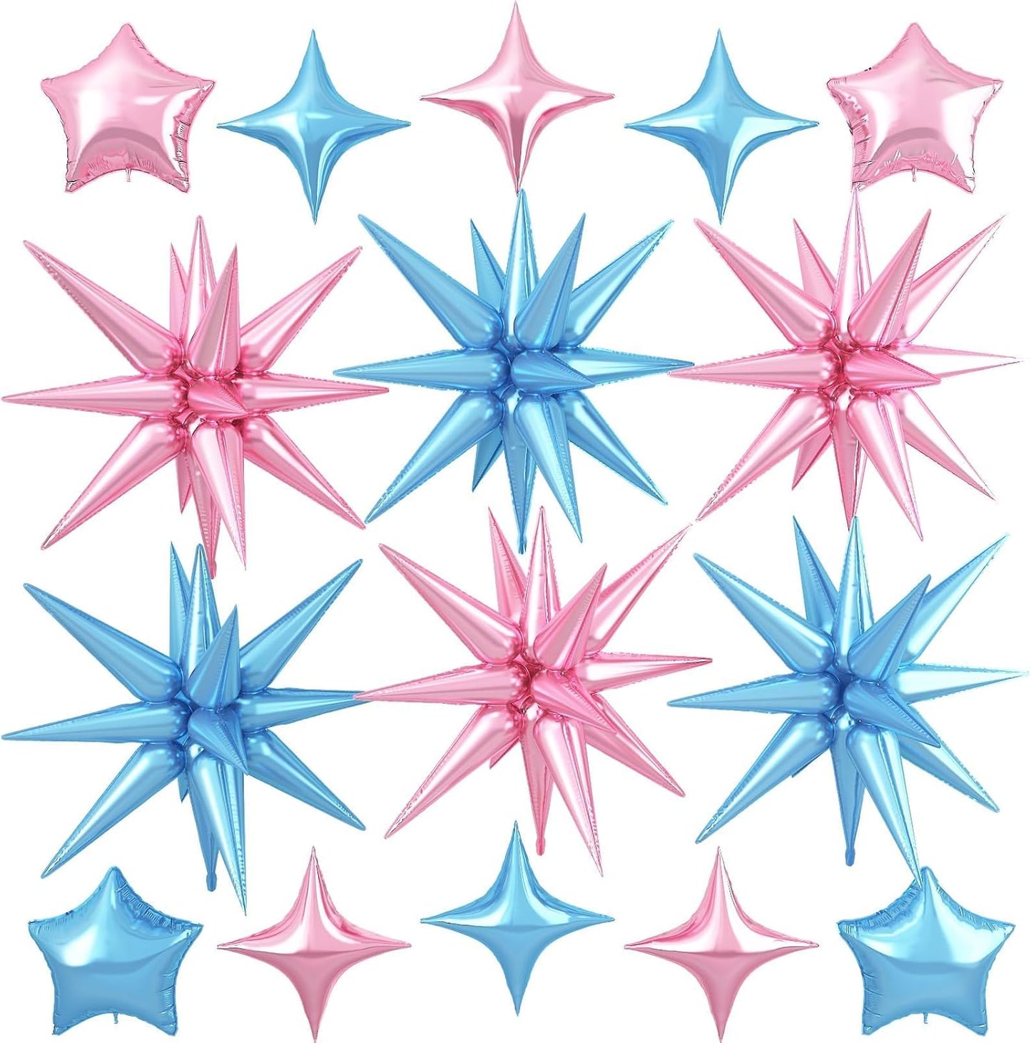 Pink Blue Star Balloon,16Pcs Star Foil Balloons Set with 22Inch Explosion Spike Cone Balloons and 10Inch Quadrangle Helium Balloon for Birthday Wedding Baby Shower Party Decorations