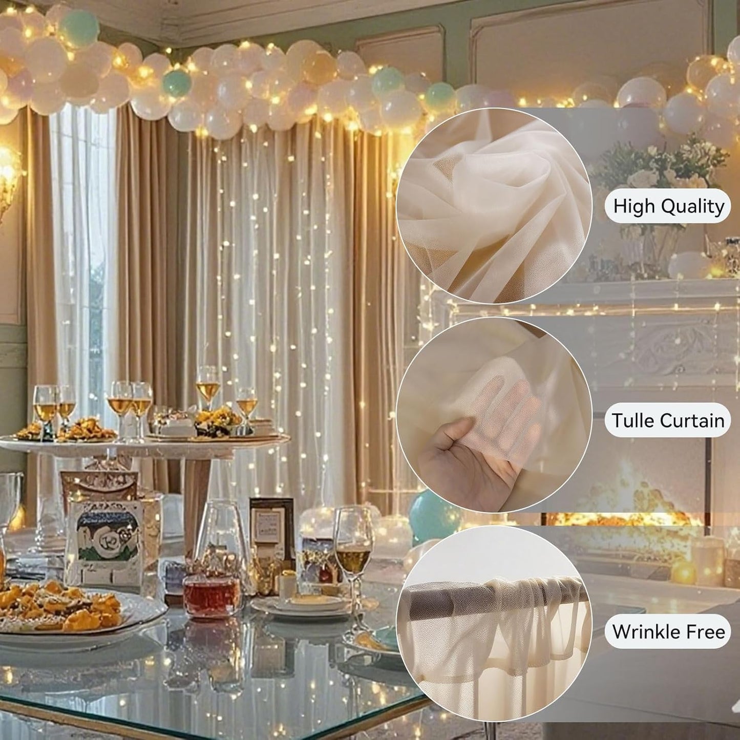 10×8ft Tulle Backdrop Curtains with Lights String - 300LED Fairy Lights Sheer Curtain Backdrop for Weddings Baby Shower and Birthday Party Decorations(6 Panels 5×8ft)