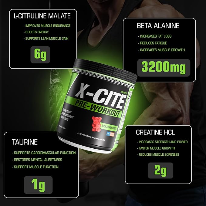 X-CITE Pre-Workout by ATHLEAN-X - Enhanced Formula with Beta-Alanine, Creatine & Caffeine for Ultimate Energy, Endurance, Focus & Muscle Pump, NSF Certified for Sports (22 Servings, Sour Gummy Bear)