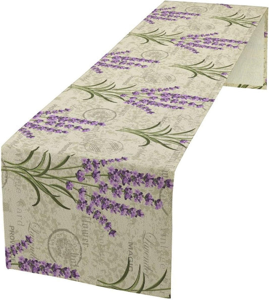Floral Lavender Table Runner,Vintage Rustic Country Romantic Purple Flower Pattern Print Burlap for Hotel Indoors Outdoor Dining Room Kitchen Home Decor, 13x36in