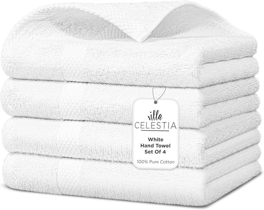 100% Cotton Hand Towel Set of 4, (16 x 28 inches) Sustainable, Soft, Highly Absorbent, Quick Drying, Combed Cotton Hand Towels Pack of 4 Ideal for Hotels, Spa, Bathroom, Dorm, White