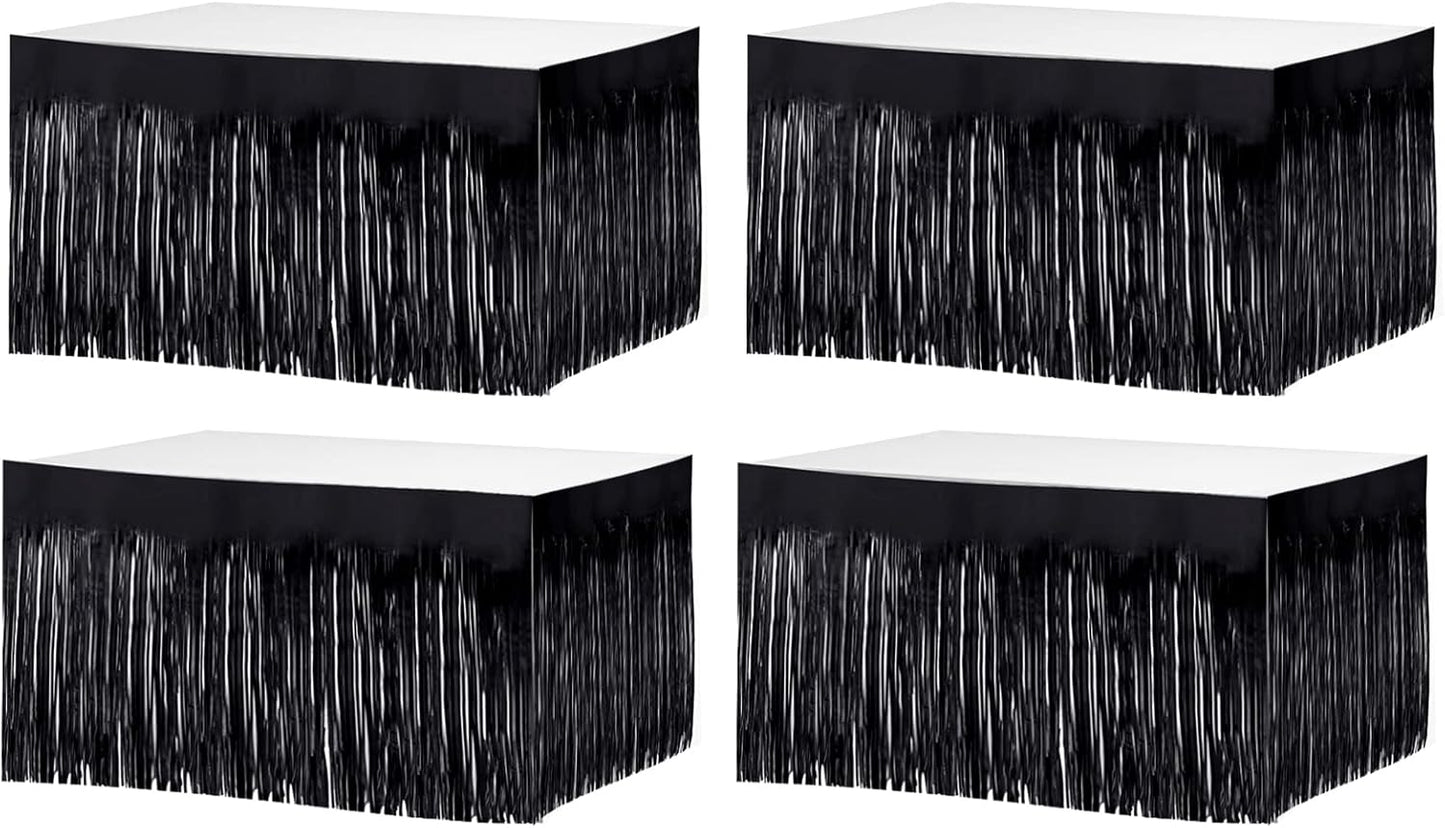 4 Pack 29x108 Inch Metallic Foil Fringe Tinsel Table Skirts for Rectangle Tables Streamer Curtains Backdrop for Halloween, Birthday, Parade Floats, Christmas Party Supplies(Black)