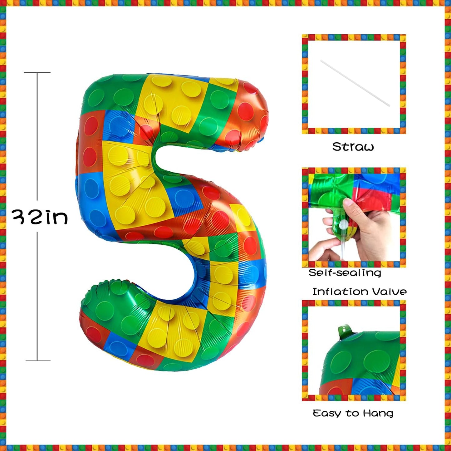 32 Inch Stackable Block Number Balloon – Colorful Brick Building Themed Big Helium Digits for Kids Birthday Party Decorations (Building Block, Number 5)