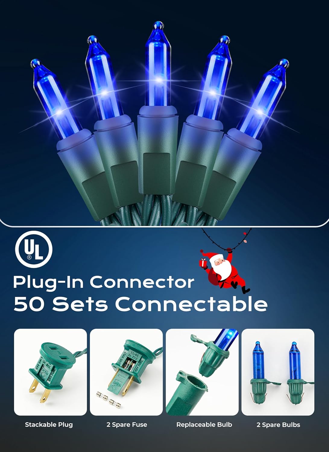 Minetom LED Blue Christmas String Lights, 100 Count 33 Feet LED Christmas Lights Bulb, Christmas Decorations Indoor, Christma Tree Lights for Indoor Outdoor Xmas Wedding Party Festival