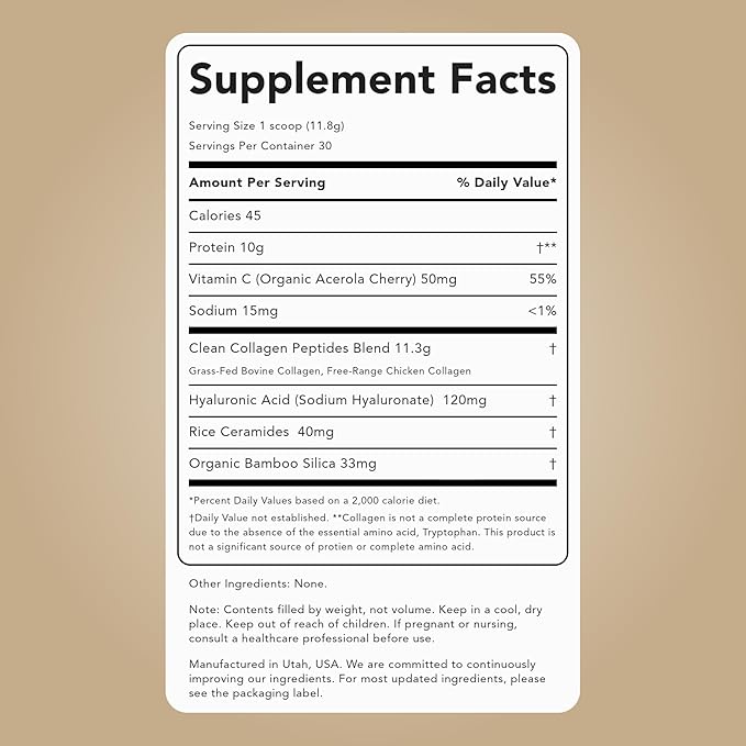 Clean Simple Eats Collagen Powder + Beauty Blend, Unflavored, 11G Hydrolyzed Collagen Peptides from Grass Fed Bovine & Chicken, Hyaluronic Acid for Hair, Skin, Nail & Joint Support, 30 Servings