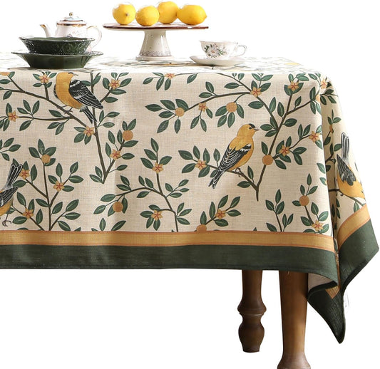 patdrea Designer French Table Cloth for Rectangle Table,Vintage Green Linen Birds and Leaves Pattern Tablecloths,Dacorative Cover Kitchen Dining,Christmas,Thanksgiving,Party,63"x102"-Warbler